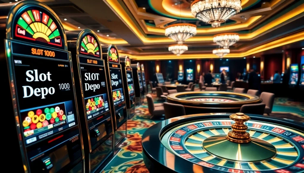 Excited gamblers playing on slot depo 1000 machines in a luxurious casino environment.