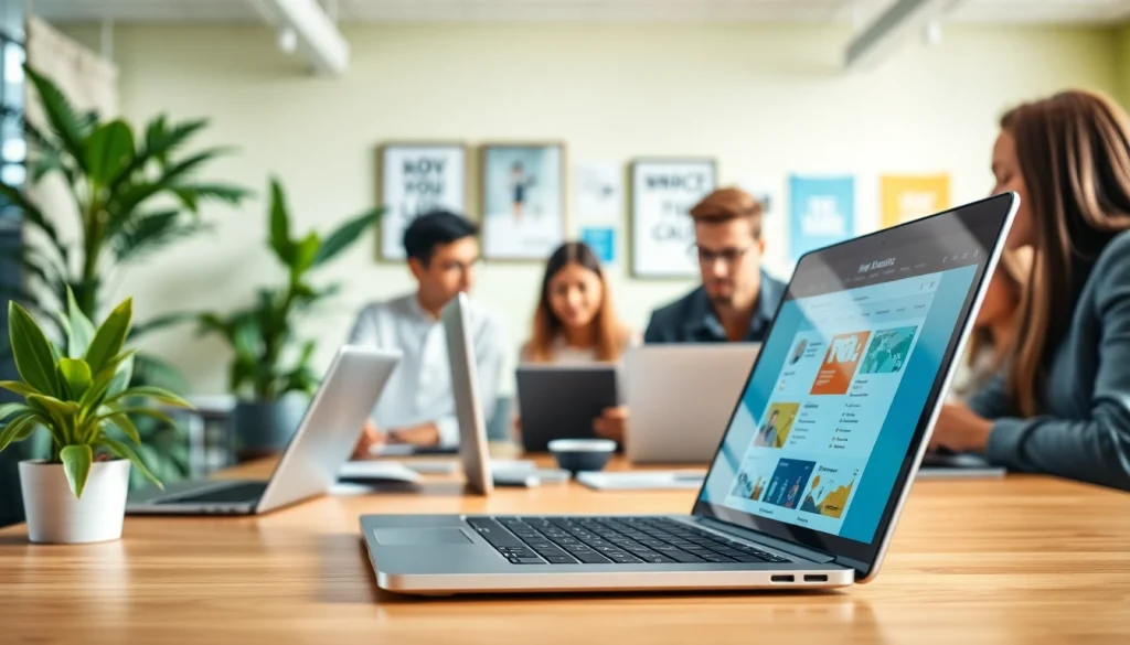 Engaging team exploring sales job boards on laptops in a modern office setting.