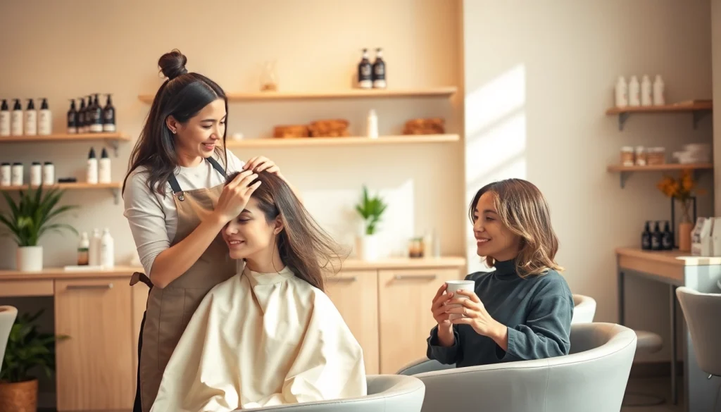 hair salon san diego, stylist giving a precision haircut in a modern salon with eco-friendly products