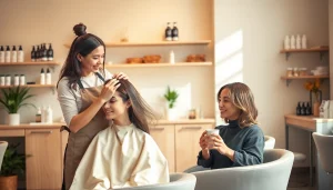 hair salon san diego, stylist giving a precision haircut in a modern salon with eco-friendly products