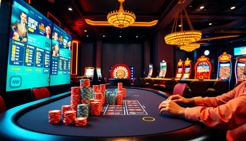 Playing רמיקוב אונליין at a luxurious casino table with vibrant chips and digital screens.