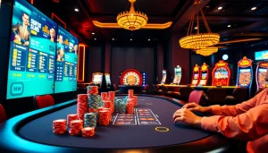 Playing רמיקוב אונליין at a luxurious casino table with vibrant chips and digital screens.