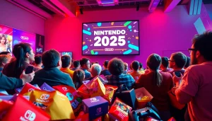 Gamers celebrating the latest Nintendo Direct 2025 announcements on a large screen.