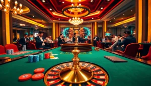 The vibrant gaming atmosphere at https://nova8886.com/ showcases players at a luxurious casino table with roulette and poker games.