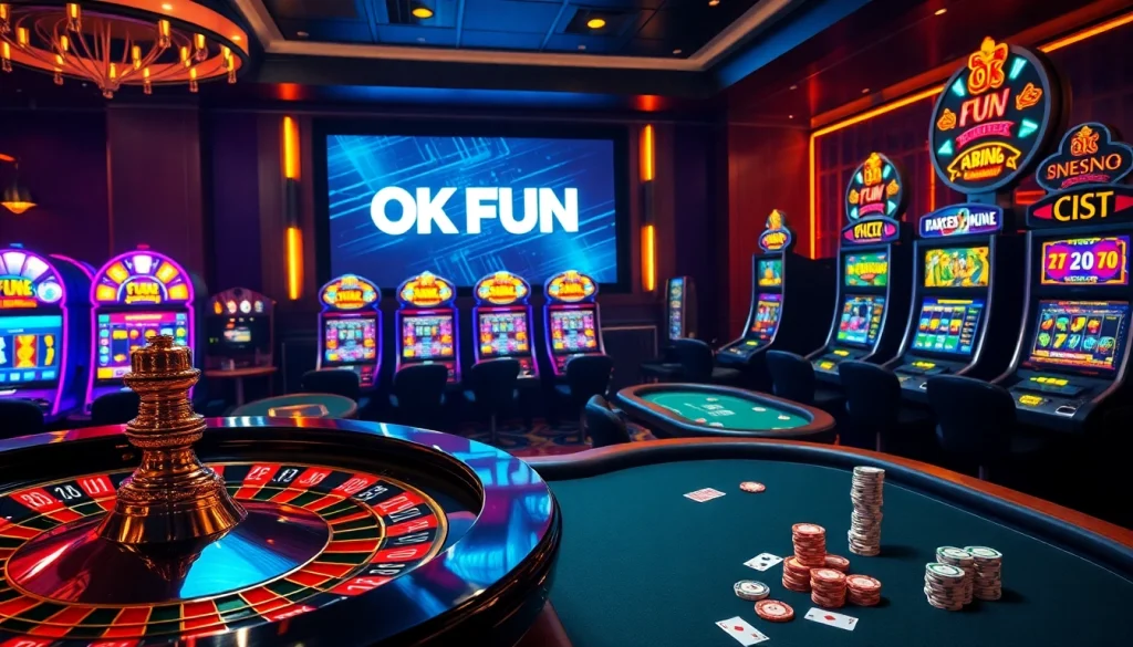 Experience the excitement of OK FUN at a luxurious casino featuring vibrant slot machines and a stylish poker table.