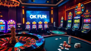 Experience the excitement of OK FUN at a luxurious casino featuring vibrant slot machines and a stylish poker table.