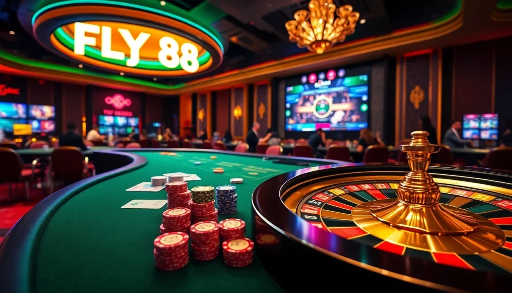 Experience the thrill of winning at FLY 88 with vibrant casino visuals featuring poker and roulette.