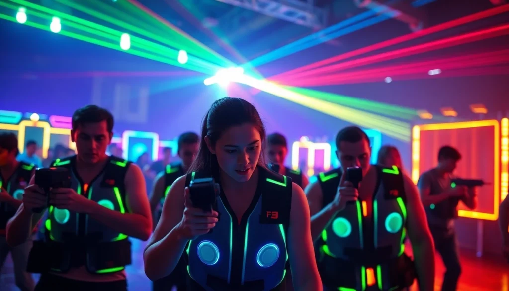 Players engaging in an action-packed Laser tag session in a vibrant arena.