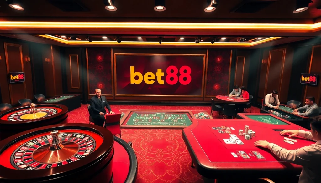 Bet88 casino players enjoying strategic poker and roulette games in a luxurious setting.