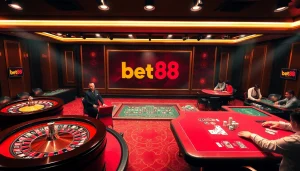 Bet88 casino players enjoying strategic poker and roulette games in a luxurious setting.