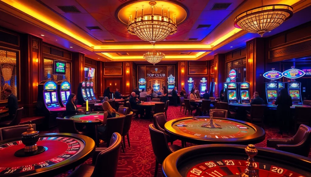 Experience high-stakes action at the Top Club casino featuring vibrant slot machines and elegant poker tables.