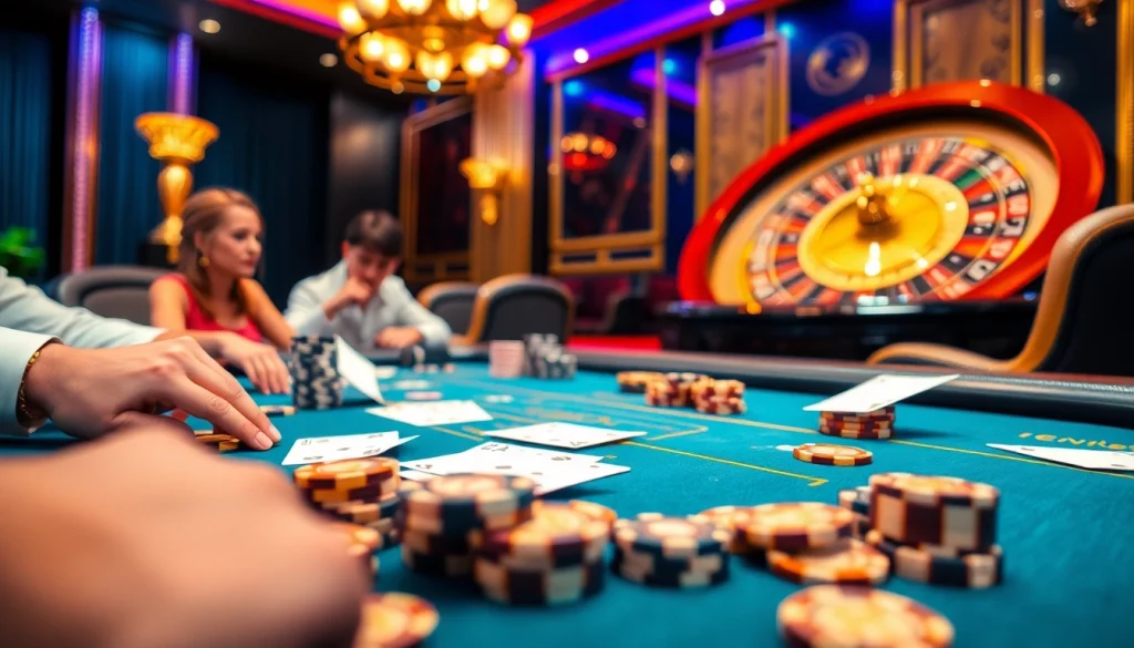 Players engaging in an exciting game at the BDJL poker table in a luxurious casino.