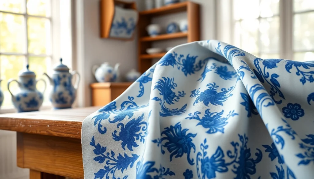 Verken delfts blauwe stof met unieke patronen op een houten tafel.