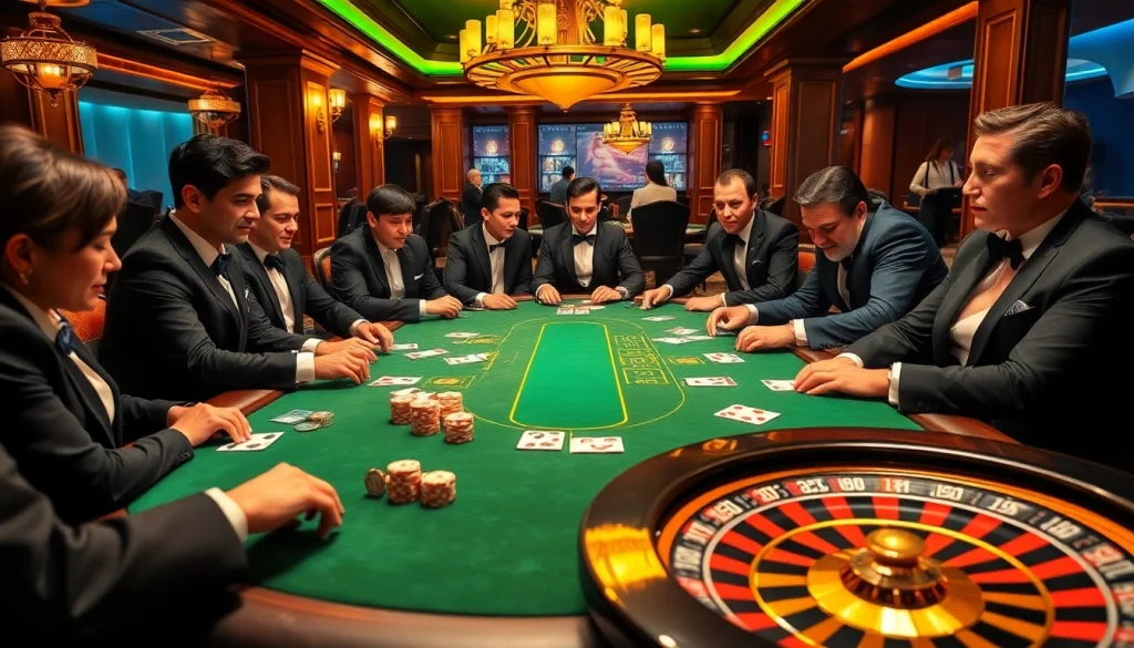Players strategizing at a poker table in a luxurious casino setting inspired by https://qq88.life/.