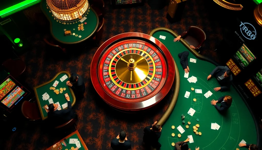 Engaged players enjoying the thrilling gambling atmosphere at TR88 casino, with roulette and poker tables.
