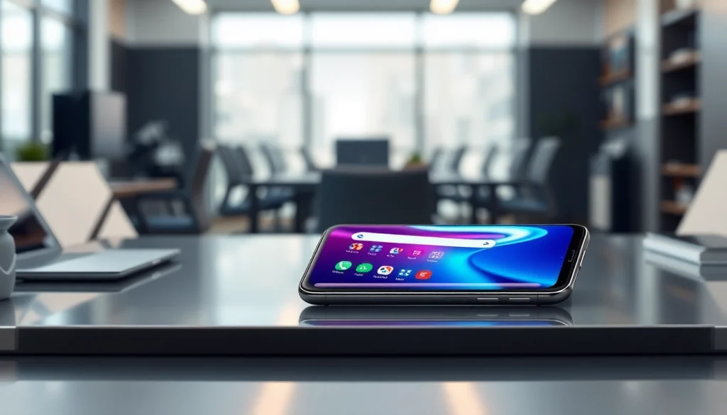 The Samsung Galaxy S8 smartphone displayed on a modern desk, showcasing its vibrant screen and sleek design.