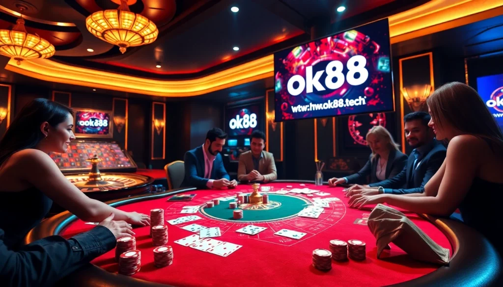 Engage in thrilling gameplay at https://ok88.tech/ with vibrant poker chips and luxurious casino ambiance.