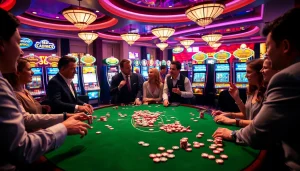 Experience the thrill of gambling at https://nk888.it.com/ with a luxurious casino blackjack table and vibrant slot machines.