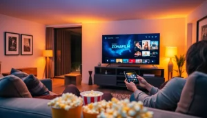 Zonafilm streaming experience in a cozy living room with a user enjoying a movie.