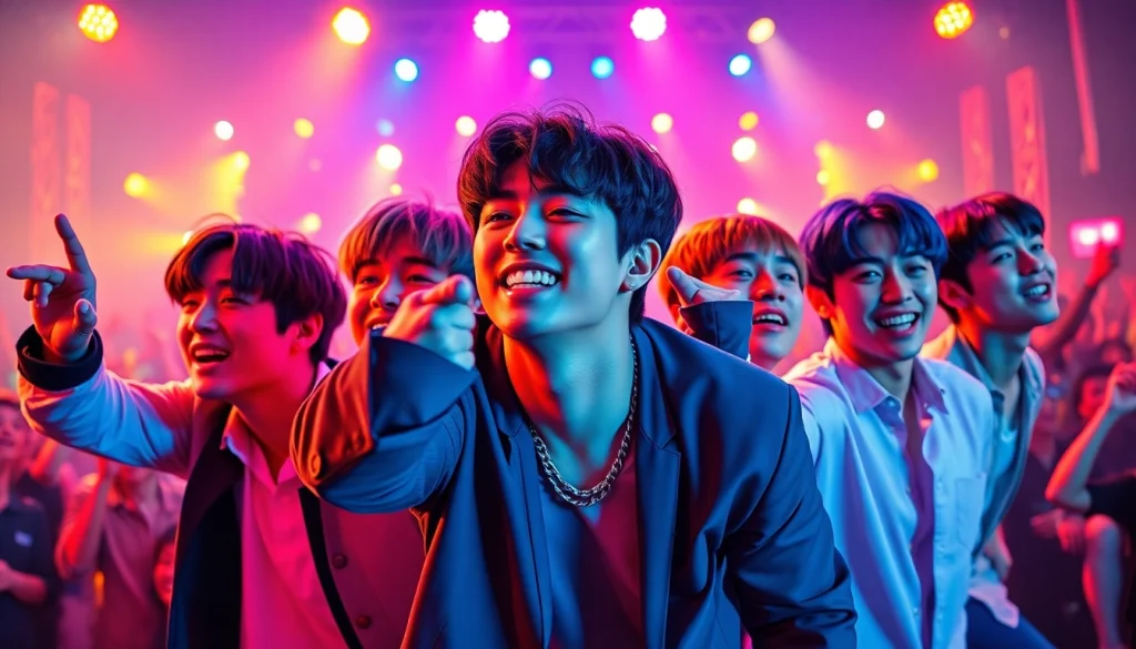 Energetic performance of bts members RM, Jin, Suga, J-Hope, Jimin, V, and Jungkook at a concert.