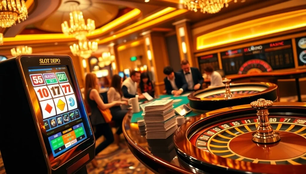 Rasakan sensasi Slot Depo 5K di kasino mewah dengan mesin slot berwarna-warni dan pemain yang antusias.