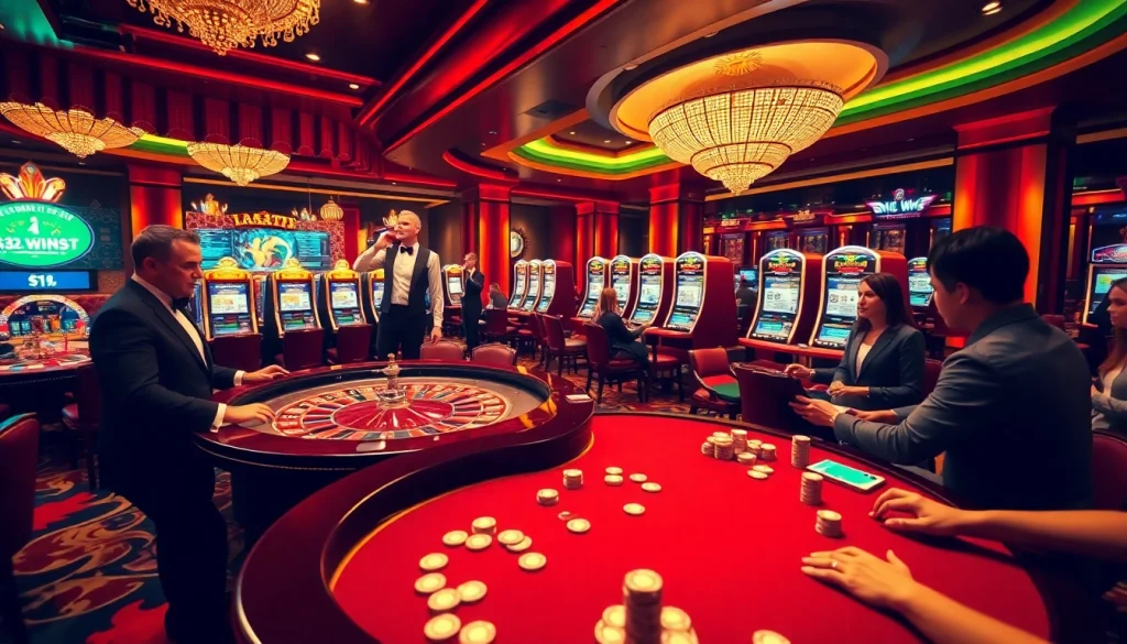 Exciting casino scene featuring 32win32 with players engaged at roulette and poker tables.