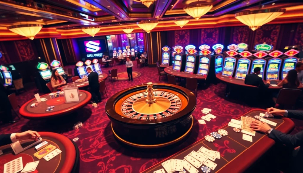 Exciting casino scene showcasing players engaging at tables, highlighting https://go99.observer/ with vibrant lighting.
