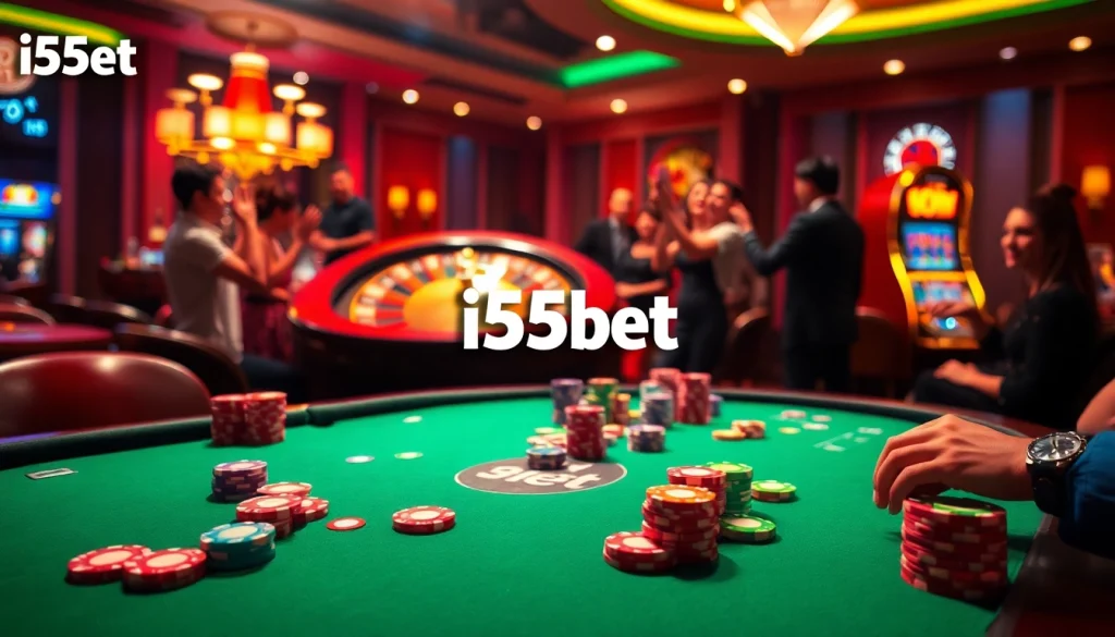 I5bet players enjoying a vibrant casino setting with poker chips, cards, and roulette excitement.