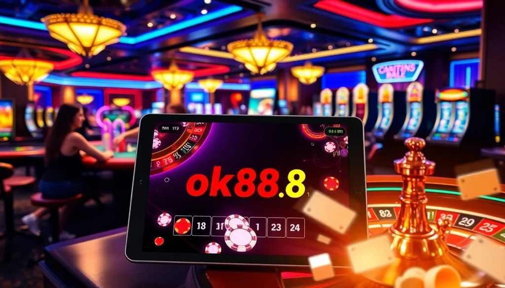 Engaging gamblers at https://ok88.tech/ with vibrant casino visuals of cards and slots.