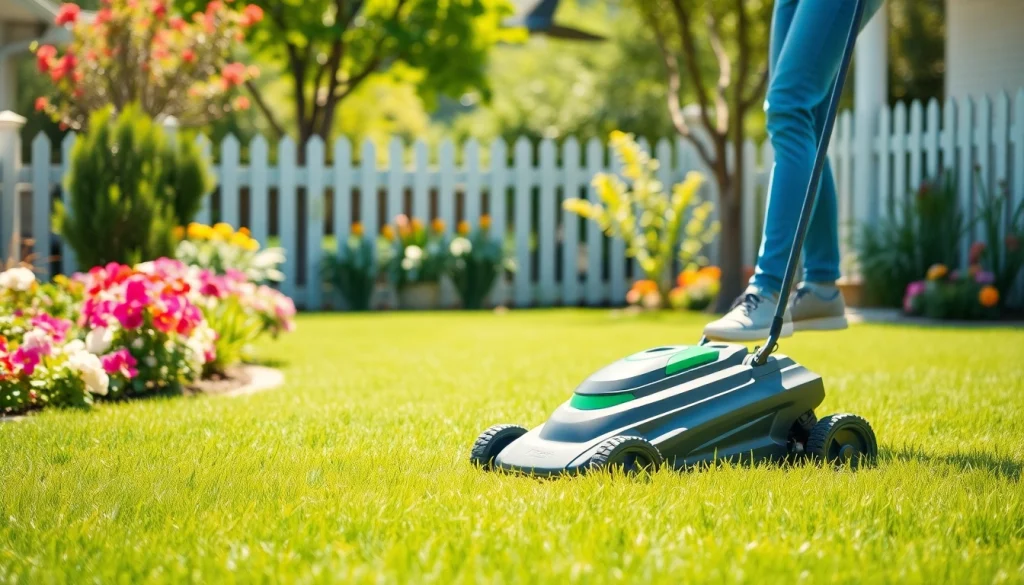 Efficient electric lawn mower cordless cutting a lush green lawn in a beautiful garden.