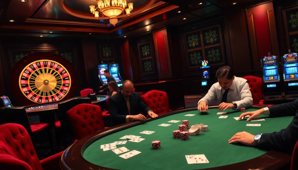 Players enjoy an exciting poker game at oxplay's luxurious casino table, surrounded by vibrant slot machines.
