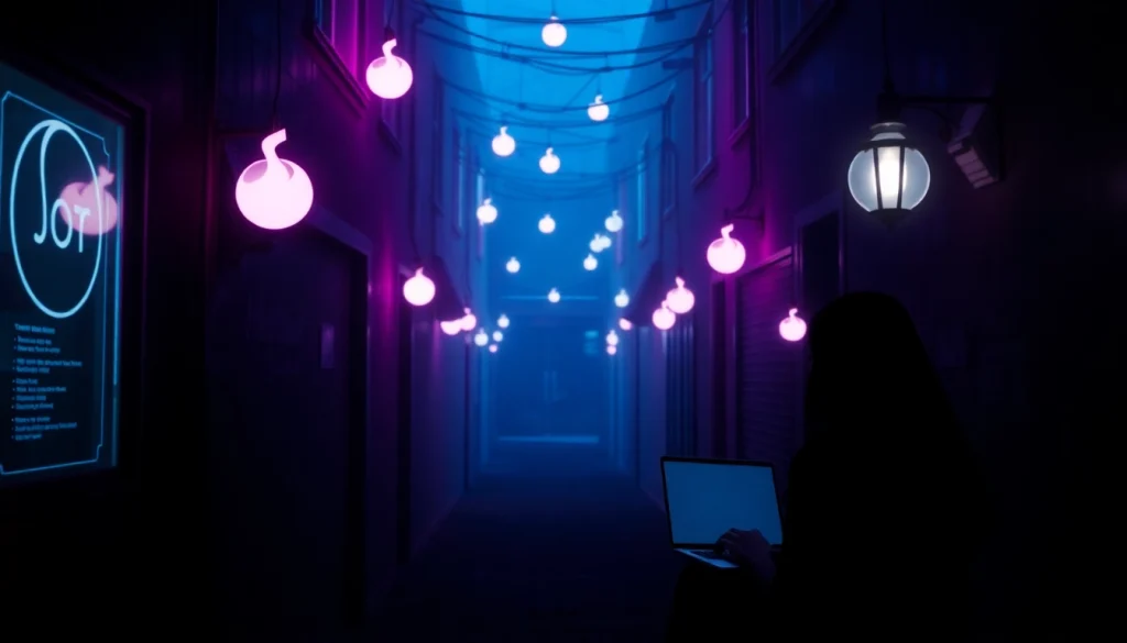 Visual representation of hidden wiki 2025, showcasing a digital landscape of the dark web with glowing onion icons and a silhouette using a Tor browser.