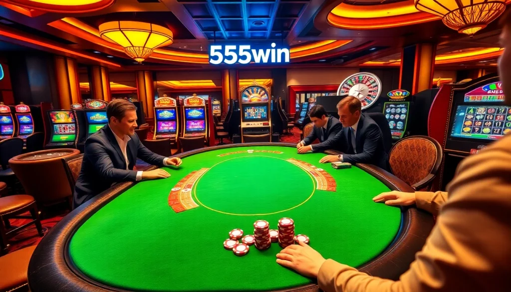 Players enjoying a thrilling poker game at 555win casino, surrounded by bright slot machines.