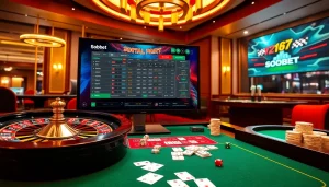 Sbobet betting interface with casino elements like roulette wheel and poker chips.