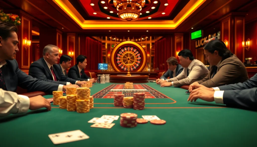 Experience the thrill of luck8 at a luxurious casino poker table, filled with intense gameplay and vibrant chips.