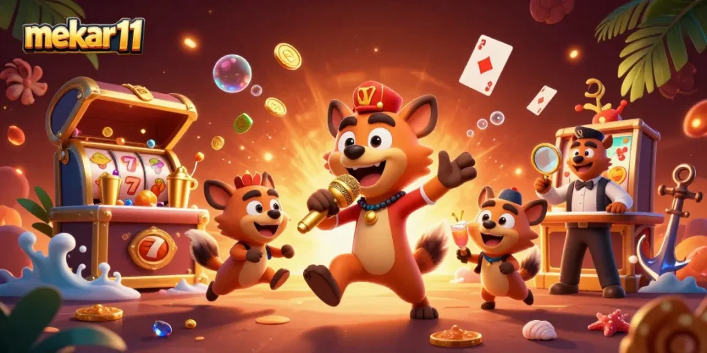 Mekar11 casino illustration featuring hyenas in a comedy club with jackpot elements.