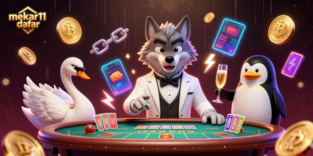 Mekar11 daftar presents a lively casino scene with a wolf, swan, and penguin amidst vibrant crypto elements.