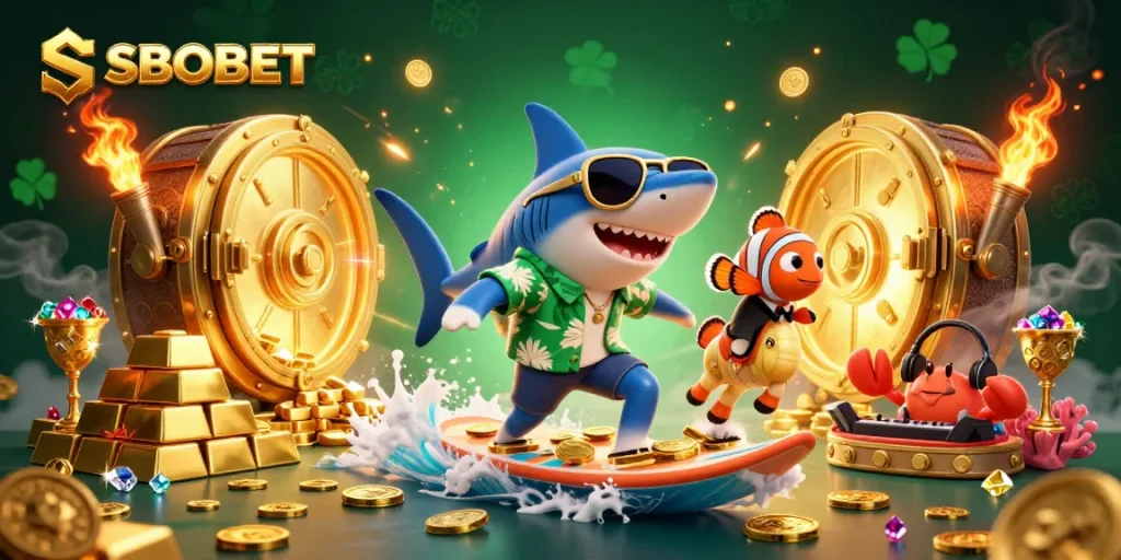 SBOBET enhances excitement with a hammer-head shark surfing gold coins surrounded by casino treasures.