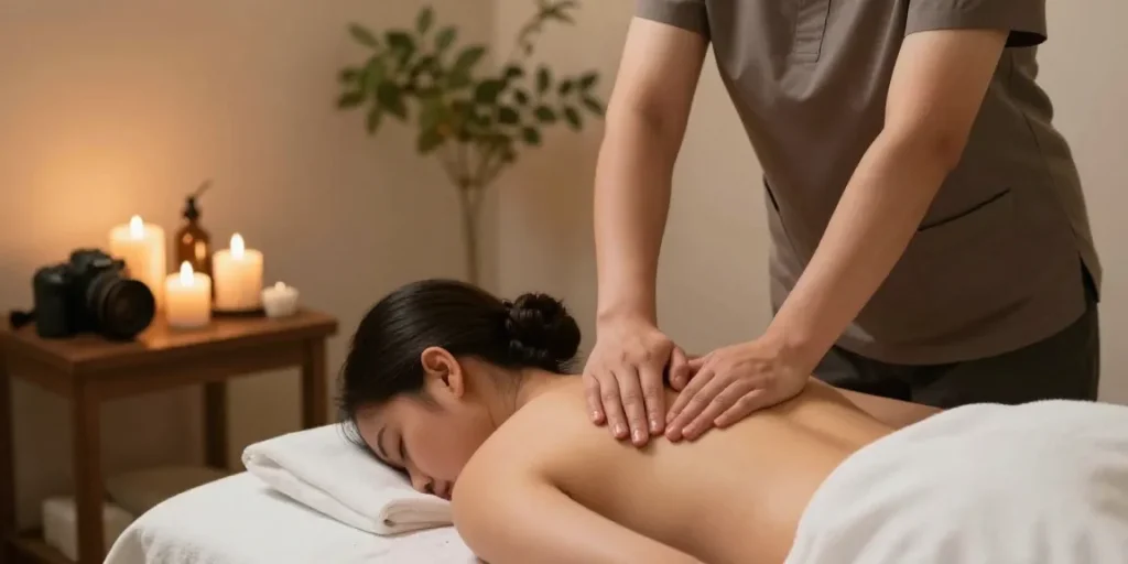 스웨디시 마사지 치료 중인 여성의 모습과 아로마 오일과 촛불이 함께 있는 평화로운 스파 분위기
