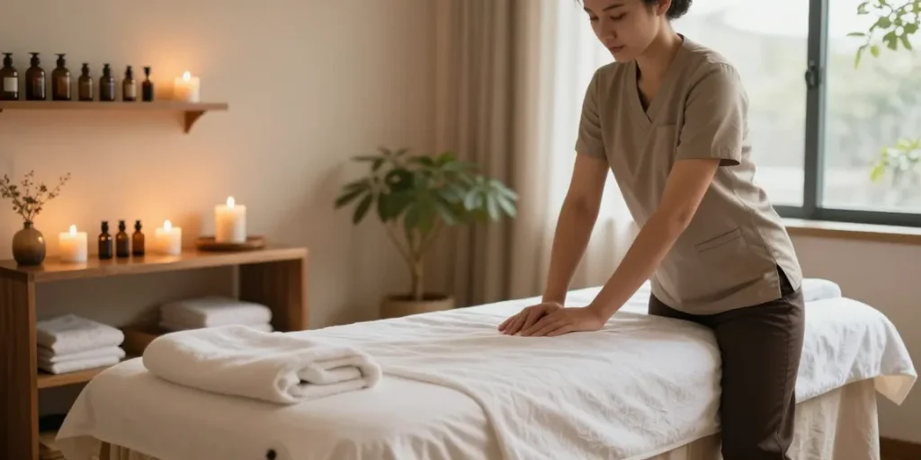 1인샵 마사지 공간에서 관리사가 향기와 조명이 아늑한 분위기를 조성합니다.