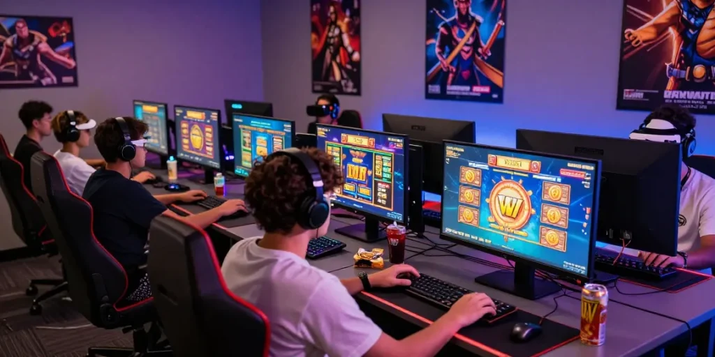Gamers engaging with situs slot online games in a modern gaming setup with colorful LED lighting.