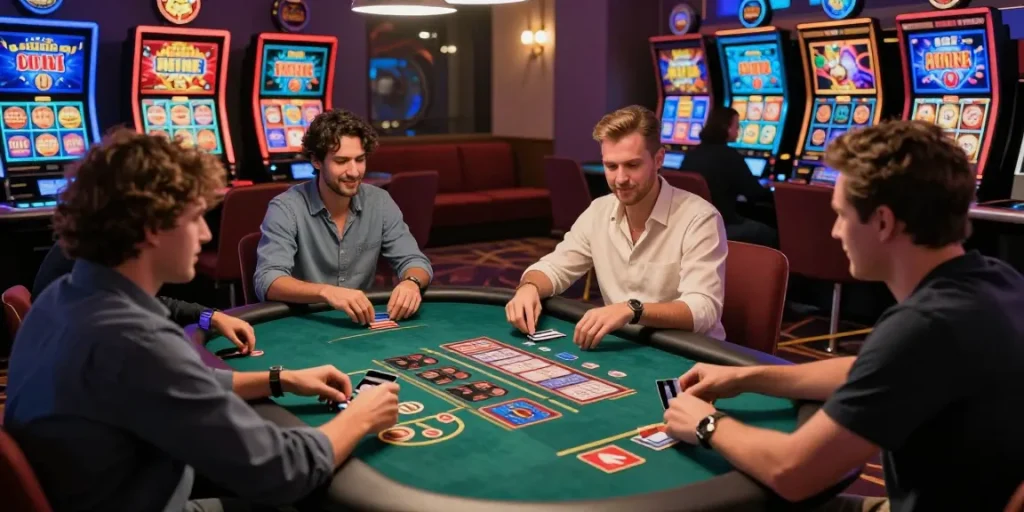 Casino players engaging in live dealer games with credit card deposits at https://iis.org.uk, showcasing an exciting online gambling atmosphere with vibrant decor.