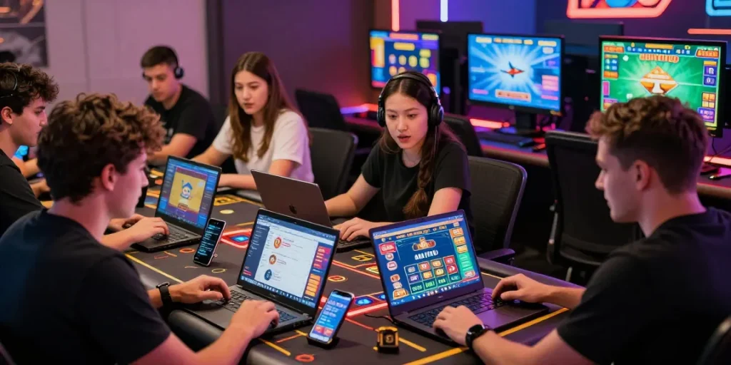 Aviator 1xbet gaming scene showcasing players engaged in thrilling crash game strategies and interactions in a vibrant online casino.