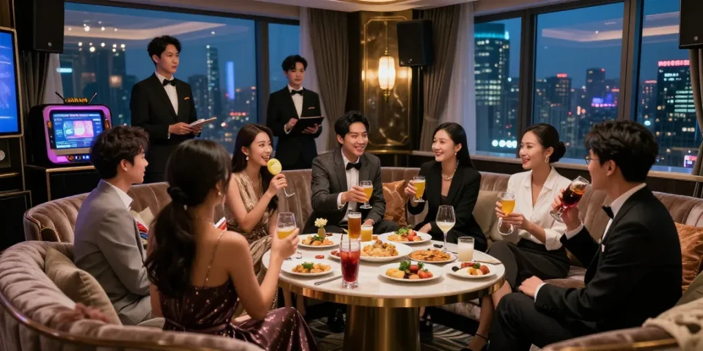강남쩜오에서 고급스러운 분위기 속에서 고객들이 즐거운 시간을 보내는 모습