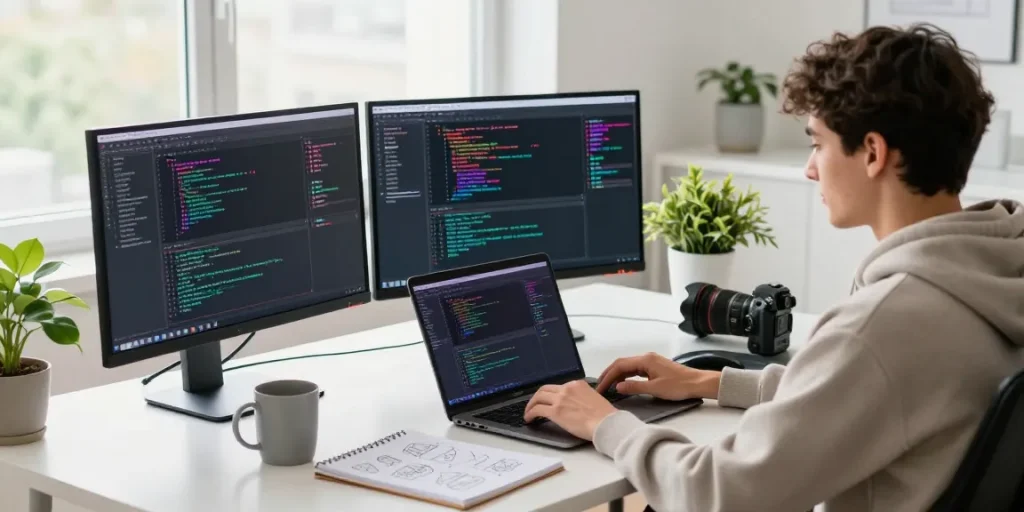 Developer focused on 纸飞机下载 app design in modern workspace with multiple screens and bright lighting.