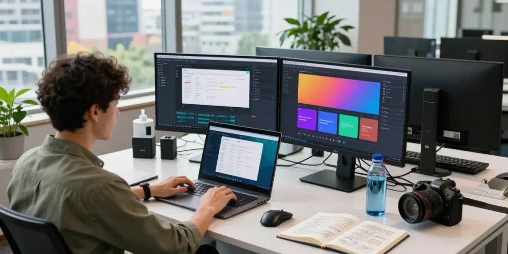 Software developer collaborating in modern office for 纸飞机中文版官网, showcasing productivity and innovation.