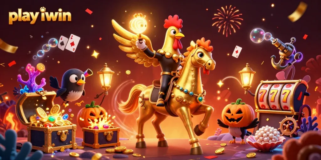 Play iwin in a magical casino scene with golden rooster characters and vibrant game elements.