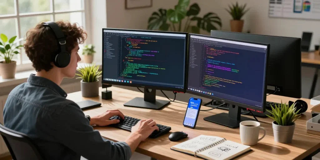 Engaged developer coding with 纸飞机下载 notifications visible on smartphone in a bright tech workspace.