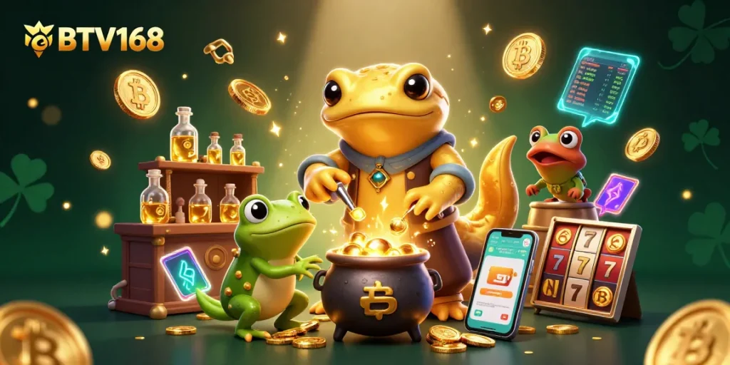 BTV168 transforms base metals into gold coins in a vibrant casino-themed illustration full of rich details.