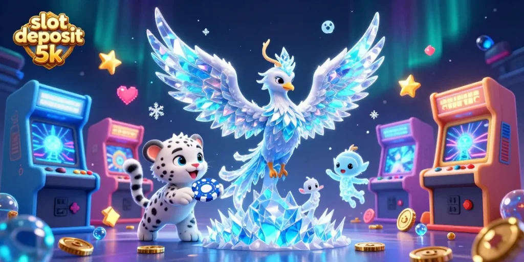 Engage with slot deposit 5k games featuring an ice phoenix, snow leopard cub, and vibrant arcade elements.
